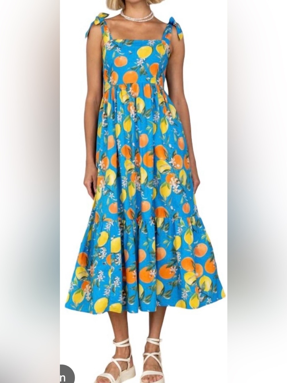 Olivia James The Label Citrus Print Tie Strap Maxi Dress XS Blue Lemon Orange